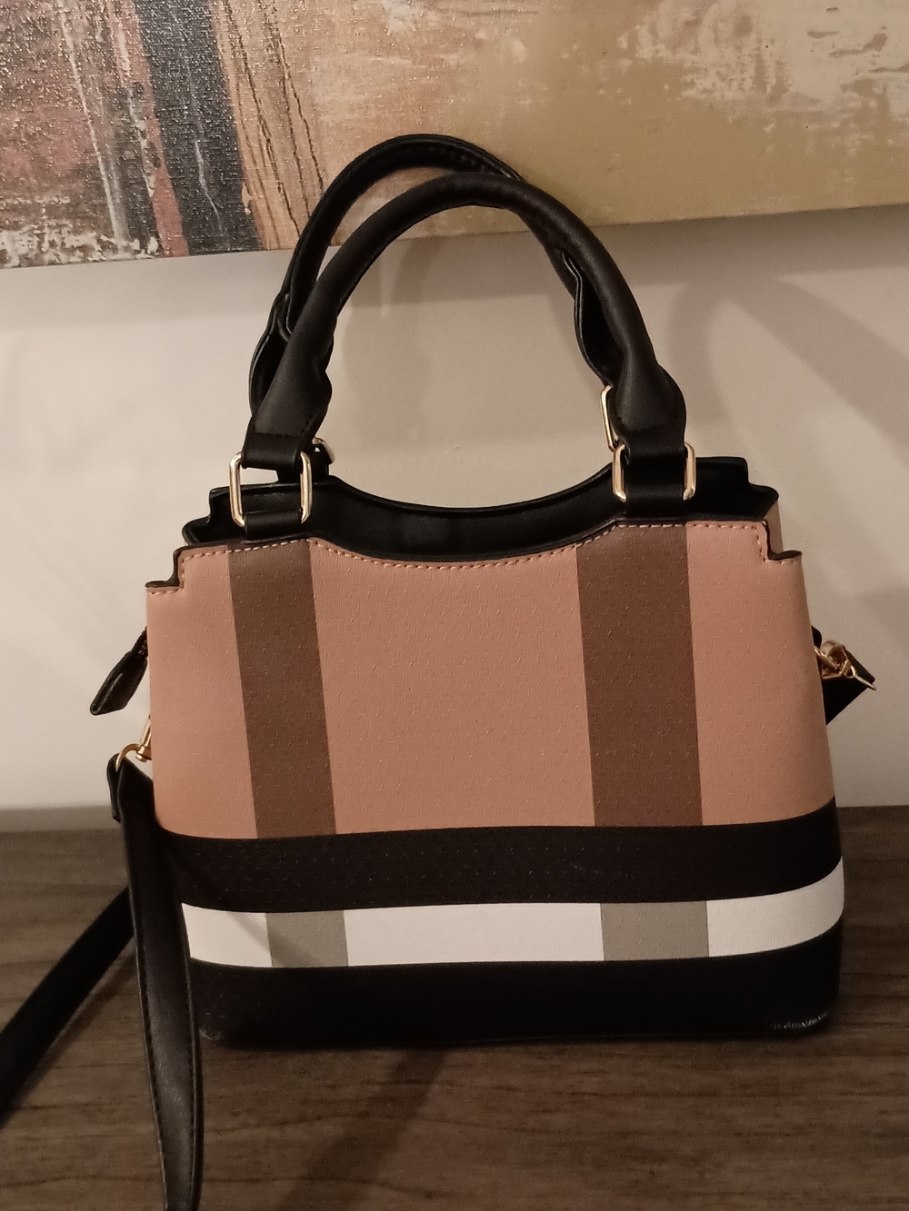 Structured Two-Tone Beige and Black Women’s Satchel - Picture 5 of 10